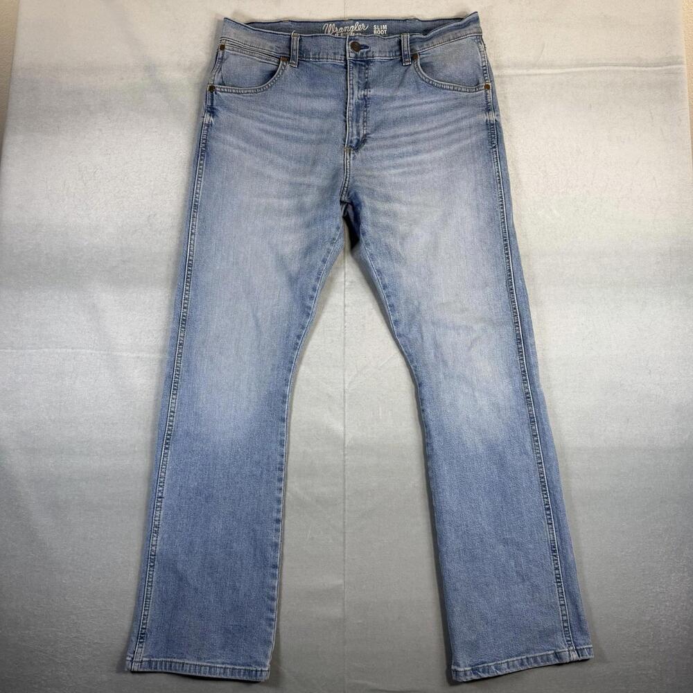 Wrangler Retro Jeans Mens 36x34 Blue Light Wash Slim Bootcut Cowboy Denim
